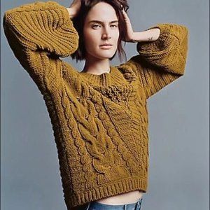 Express Cable Knit Chenille Boat Neck Balloon Sleeve Sweater